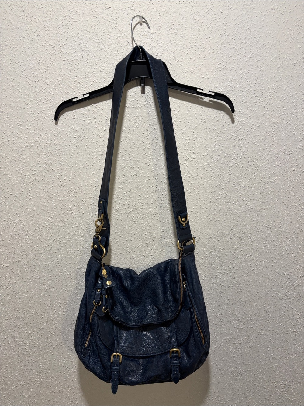 Sabine Navy Blue Leather Shoulder Bag with Gold-Tone Hardware
